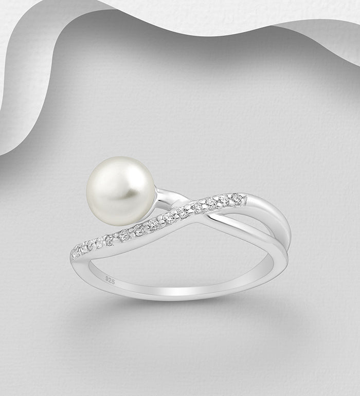 Sterling Silver Ring Decorated with Freshwater Pearl and CZ Simulated Diamonds