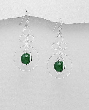 Sterling Silver Hook Earrings, Beaded with Gems & Semi GemStone: Green Onyx
