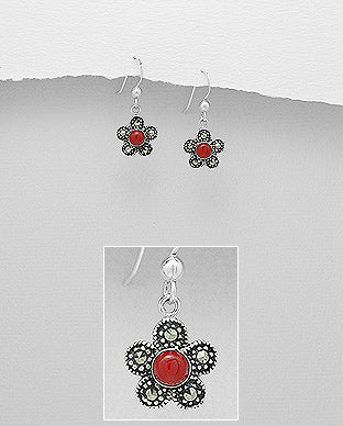 Sterling Silver Earrings - Reconstructed Stones & Resin Color: Turquoise (Sky Blue) or (Red)