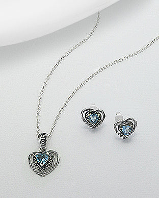 Sterling Silver Heart Push-Back Earrings & Pendant Decorated With CZ & Marcasite With Silver Chain - Light Sky Blue Set